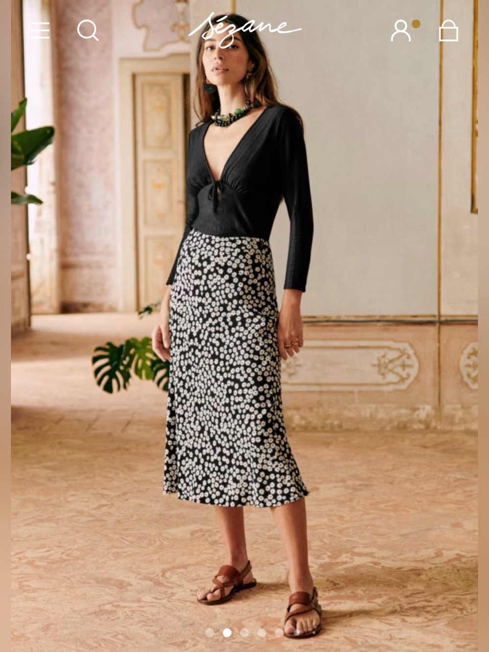 Sézane “Sandy” Black & White Daisy-Print Midi Skirt, Size 36